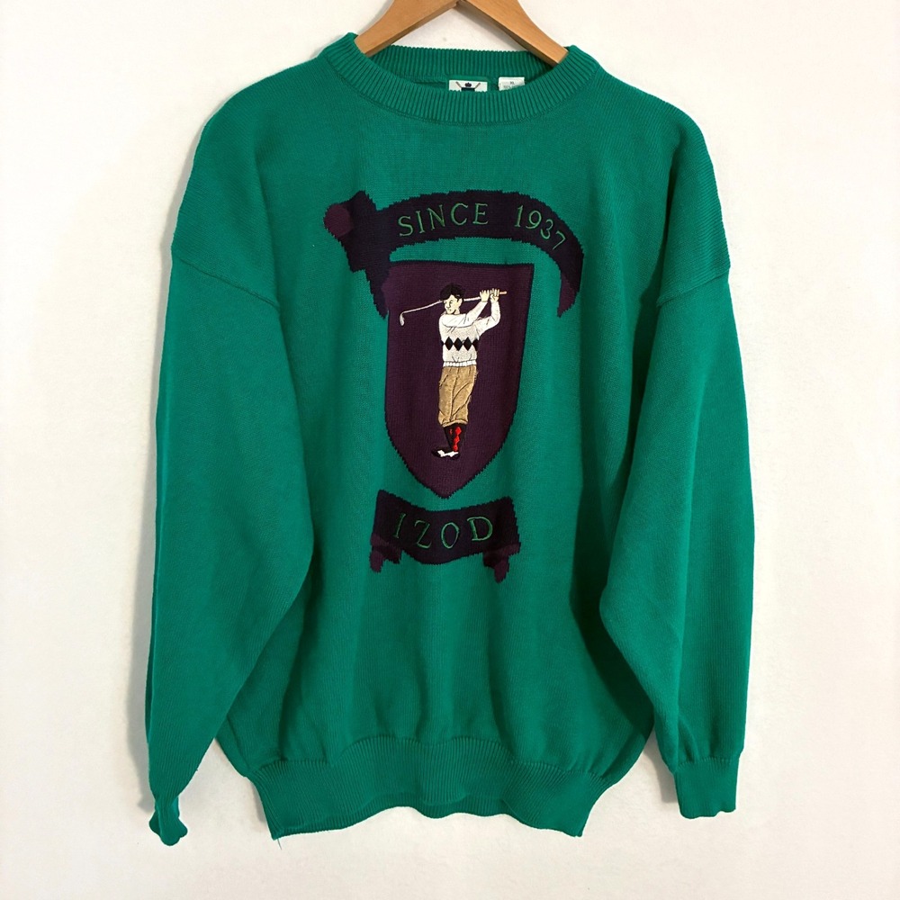 Vtg 90s Izod Knit Sweater Men's XL Embroidered Golf Crest Preppy Old Money